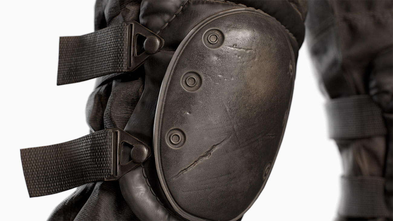 Close-up focusing on the knee pad accessories of the game-ready 3D bad guy character.